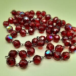 Vintage Czech Red Fire Polished Bead Necklace 42” Wire Wrapped No Clasp Jewelry